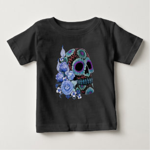 Blå Blommigt Black Sugar Skull Day of the dead T Shirt