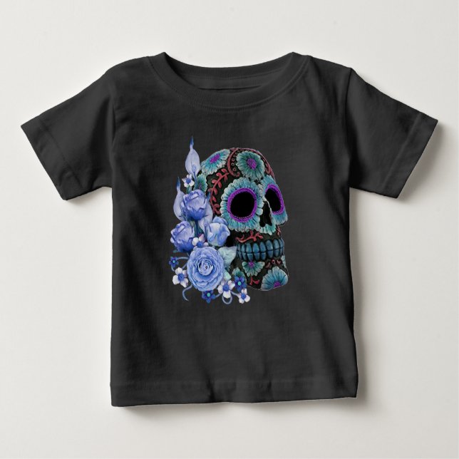 Blå Blommigt Black Sugar Skull Day of the dead T Shirt (Framsida)