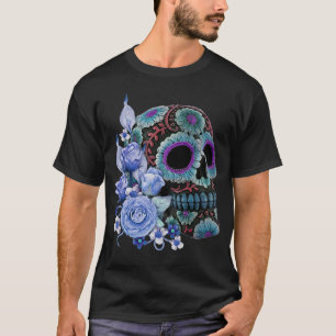 Blå Blommigt Black Sugar Skull Day of the dead T Shirt