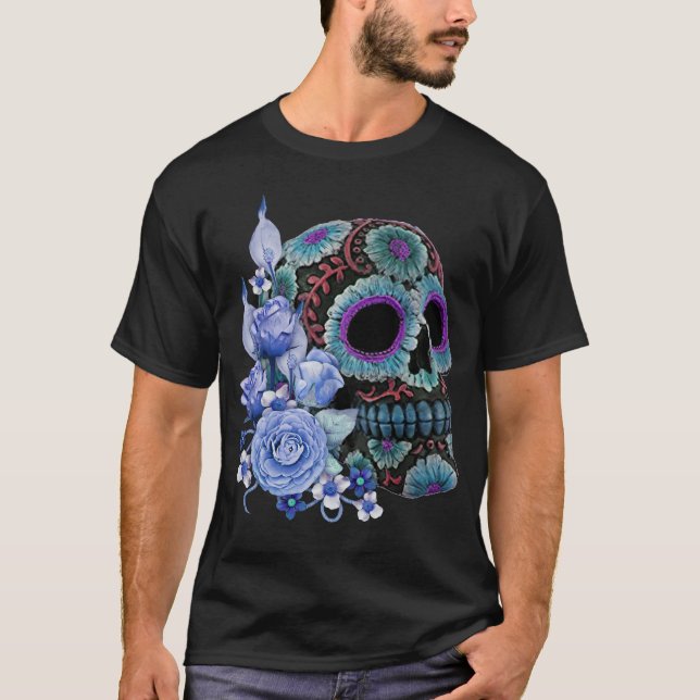 Blå Blommigt Black Sugar Skull Day of the dead T Shirt (Framsida)