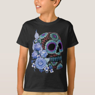 Blå Blommigt Black Sugar Skull Day of the dead T Shirt
