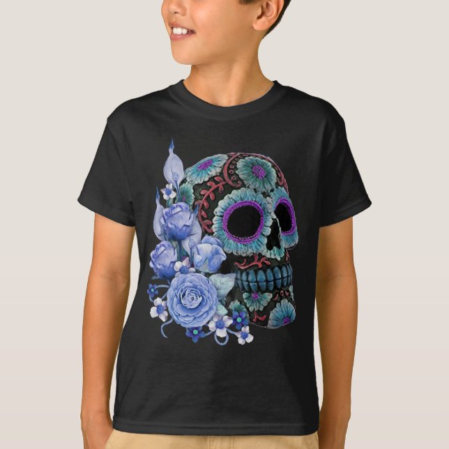 Blå Blommigt Black Sugar Skull Day of the dead T Shirt (Framsida)