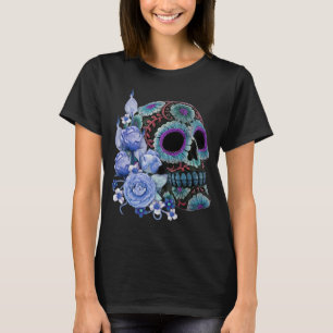 Blå Blommigt Black Sugar Skull Day of the dead T Shirt