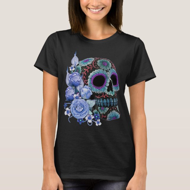 Blå Blommigt Black Sugar Skull Day of the dead T Shirt (Framsida)