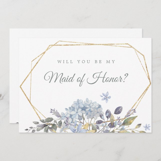 Blå Blommigt blir mitt Maid of honor-kort Inbjudningar (Fram/baksida)
