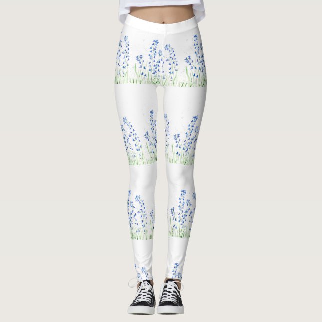 Blå Blommigt Blommor Vintage Mönster Leggings (Framsida)