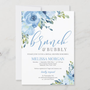 Blå blommigt bouquet brunch och bubbla inbjudningar