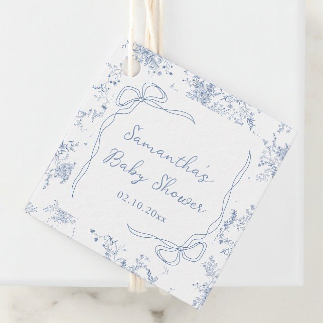 Blå Blommigt Bow Baby Shower Gåvor Etiketter (Skapare uppladdad)