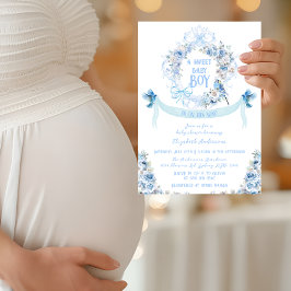 Blå Blommigt Bow-Vapensköld Söt Pojke-babyskor Inbjudningar