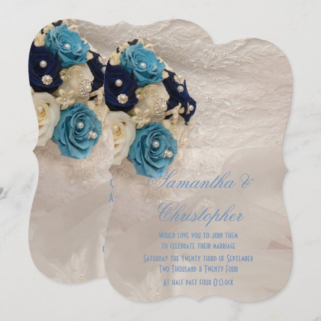 Blå blommigt brides bouquet bröllop inbjudningar (Fram/baksida)