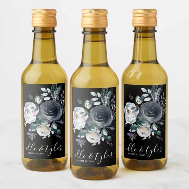 Blå Blommigt Bröllop Mini Vin Flaska Vinetikett (Flaskor)