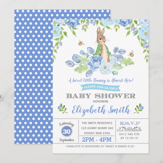 Blå Blommigt Bunny Baby Shower Woodland Boy Rabbit Inbjudningar (Fram/baksida)
