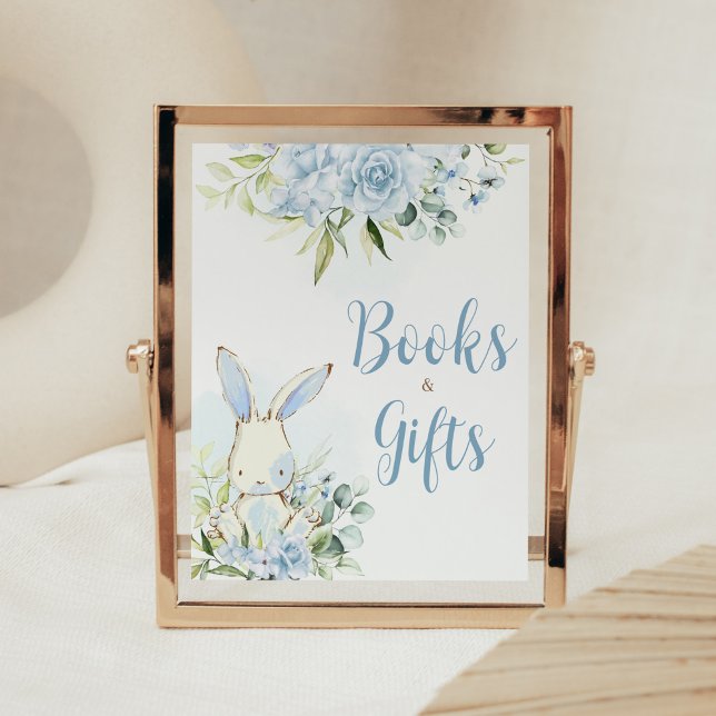Blå Blommigt Bunny Rabbit Baby Bokar och gåvor Poster (A Little Bunny Boy Baby Shower Books and Gifts Sign)