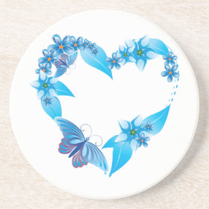 Blå Blommigt Butterfly Heart Underlägg Sandsten