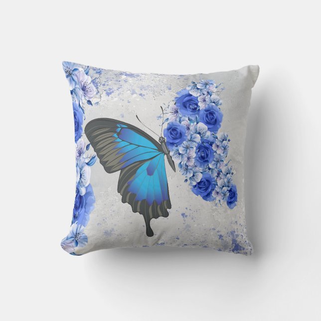 Blå Blommigt Butterfly Square Pillow Kudde (Framsida)