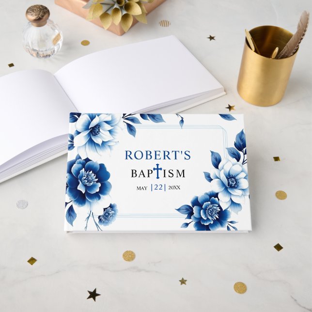 Blå blommigt Chinoiserie och tredubbel gräns-bapti Gästböcker (Framsida öppen)