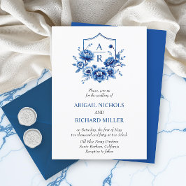 Blå blommigt Chinoiserie peony-blomman vapensköld Inbjudningar