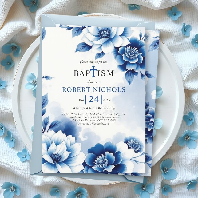 Blå blommigt Chinoiserie, vattenfärg tvättar bapti Inbjudningar (Skapare uppladdad)