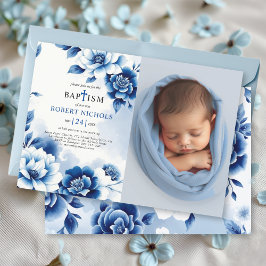 Blå blommigt Chinoiserie, vattenfärgsbild Baptism- Inbjudningar