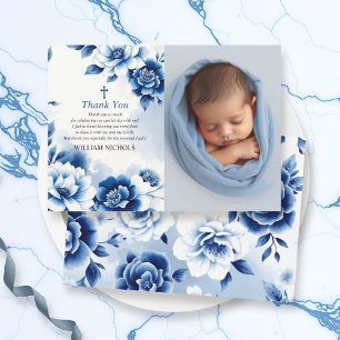 Blå blommigt Chinoiserie, vattenfärgsbild Baptism- Tack Kort