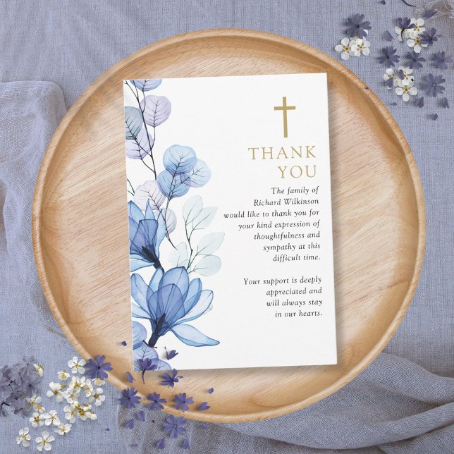 Blå Blommigt Christian Firande av livets begravnin Tack Kort (Blue Floral Christian Celebration Of Life Funeral Thank You Card)