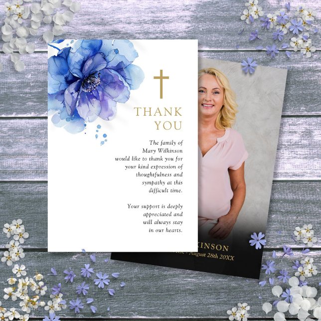 Blå Blommigt Christian Memorial - begravningsfoto Tack Kort (Blue Floral Christian Memorial Funeral Photo Thank You Card)