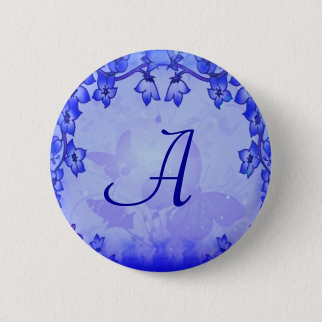 Blå Blommigt Deco Monogram-knapp Knapp (Framsida)