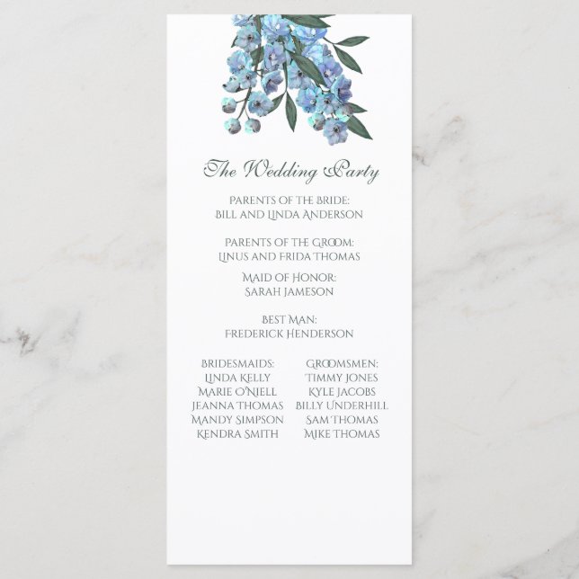 Blå Blommigt Delphinium Bouquet Program (Baksida)