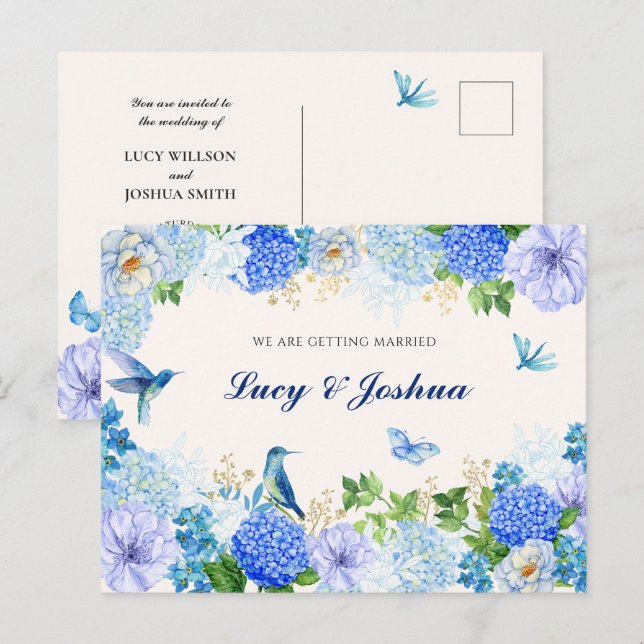 Blå blommigt (elegant bröllop) vykort (Fram/baksida)