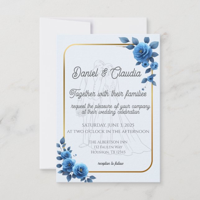 Blå Blommigt Elegant Rusitc Bröllop spara datum Datumet (Framsida)