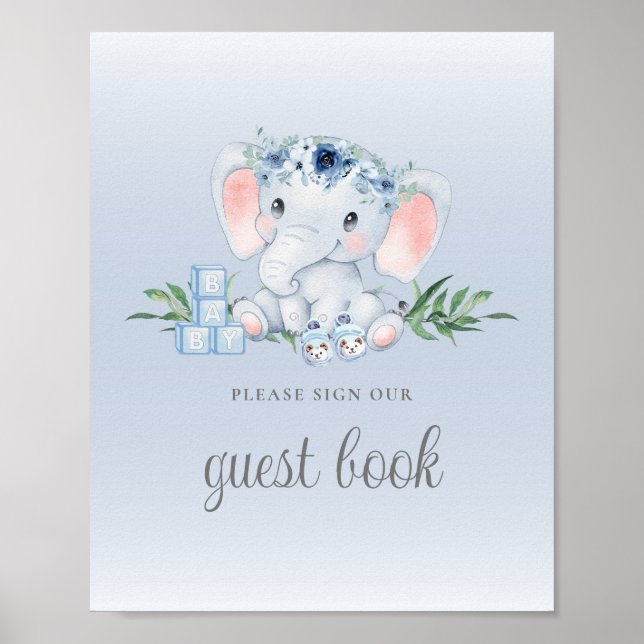 Blå Blommigt Elephant Baby Shower Guest Bok-tecken Poster (Framsidan)