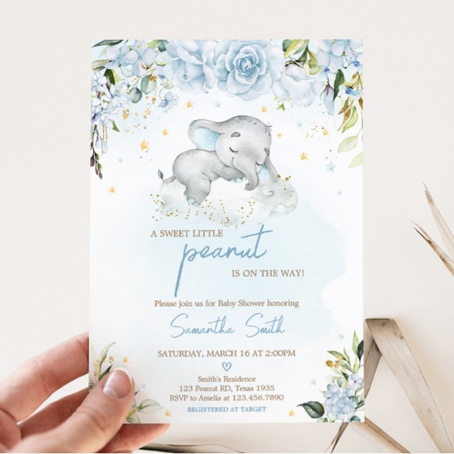 Blå Blommigt Elephant Baby Shower Inbjudningar (Blue Floral Sleeping Elephant Baby Shower Invitation)
