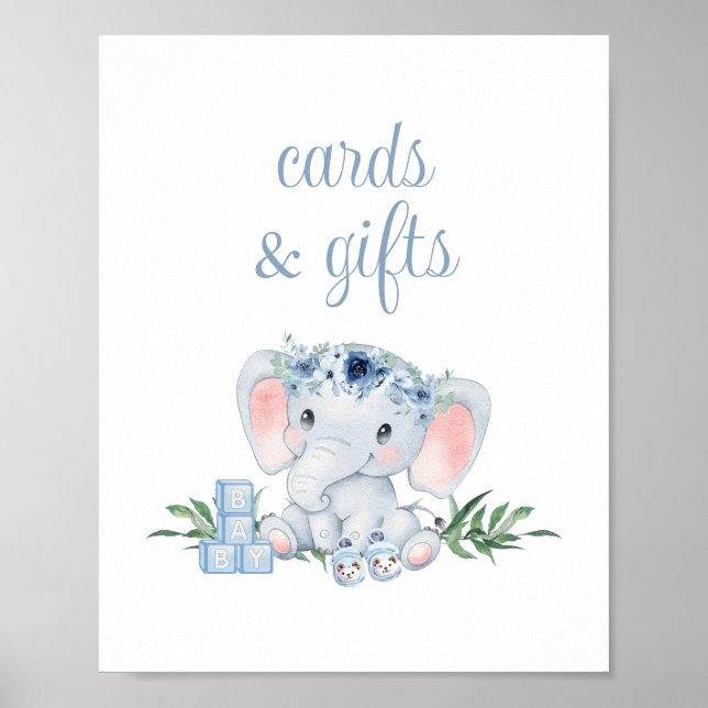 Blå Blommigt Elephant Baby Shower-kort och gåvor Poster (Framsidan)