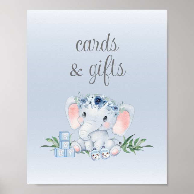 Blå Blommigt Elephant Baby Shower-kort och gåvor Poster (Framsidan)