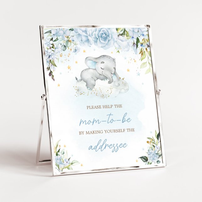 Blå Blommigt Elephant Baby Shower Kuvert Station Poster (Blue Floral Sleeping Elephant Baby Shower Envelope Station Sign)