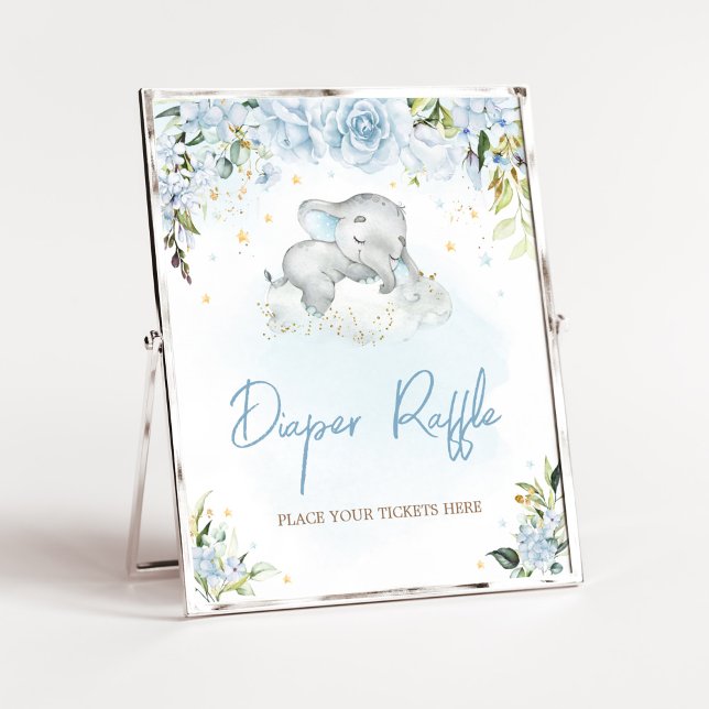 Blå Blommigt Elephant Baby Shower Raffle Poster (Blue Floral Sleeping Elephant Baby Shower Diaper Raffle Sign)