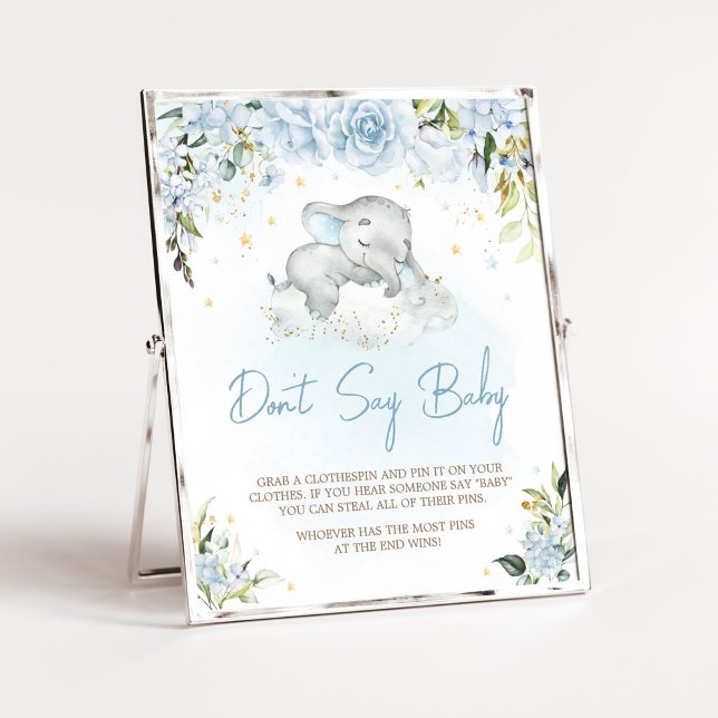 Blå Blommigt Elephant Baby Shower Säg inte Baby Poster (Blue Floral Sleeping Elephant Baby Shower Don't Say Baby Sign)