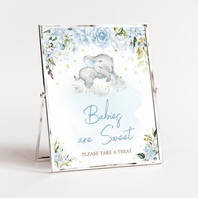 Blå Blommigt Elephant Baby Shower Spädbarn är Swee Poster (Blue Floral Sleeping Elephant Baby Shower Babies are Sweet Sign)