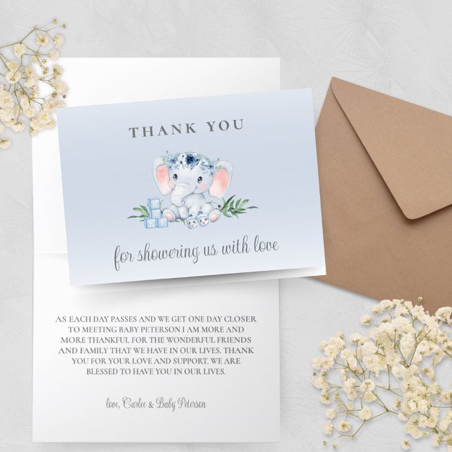 Blå Blommigt Elephant Baby Shower - tack för ditt  (Blue Baby Boy Elephant Baby Shower Thank You Card Personalized)