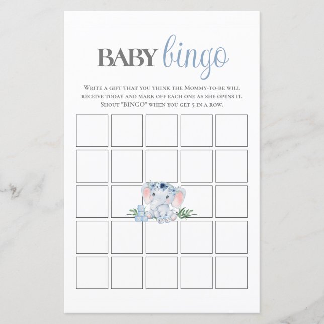 Blå Blommigt Elephant Bingo Baby Shower Game (Framsida)