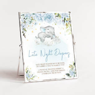 Blå Blommigt Elephant Late Night Diaper Poster