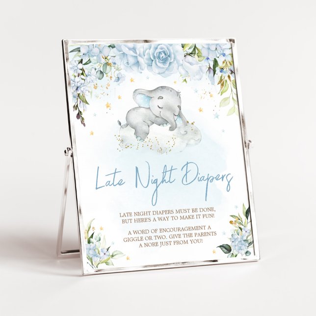 Blå Blommigt Elephant Late Night Diaper Poster (Blue Floral Sleeping Elephant Baby Shower LAte Night Diapers Sign)
