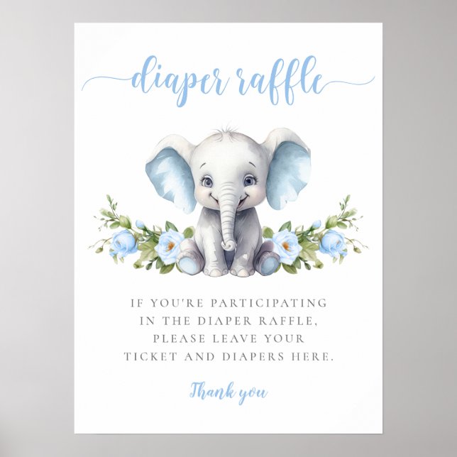 Blå Blommigt Elephant Pojke Shower Diaper Raffle Poster (Framsidan)
