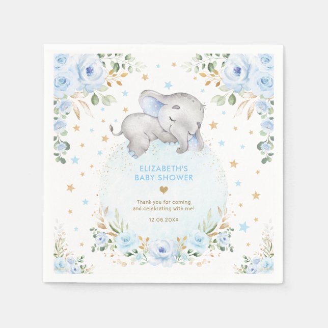 Blå Blommigt Elephant Pojke Shower-favoriter för   Pappersservett (Framsidan)