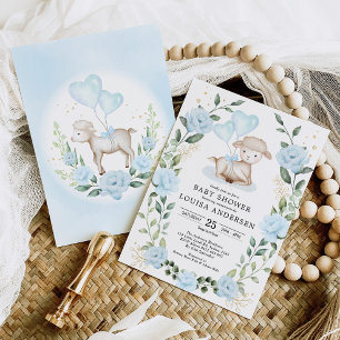 Blå Blommigt Eucalyptus Lamb Baby Sheep Boy Shower Inbjudningar