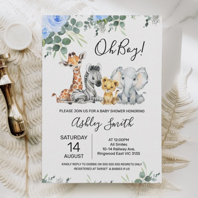 Blå Blommigt Eucalyptus Safari Baby Shower Inbjudningar (Skapare uppladdad)