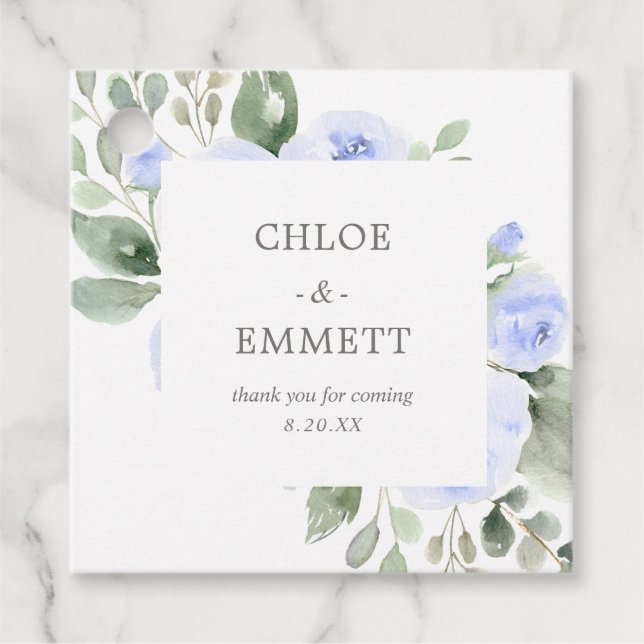 Blå Blommigt Eucalyptus Tack Bröllop Gåvor Etiketter (Framsida)