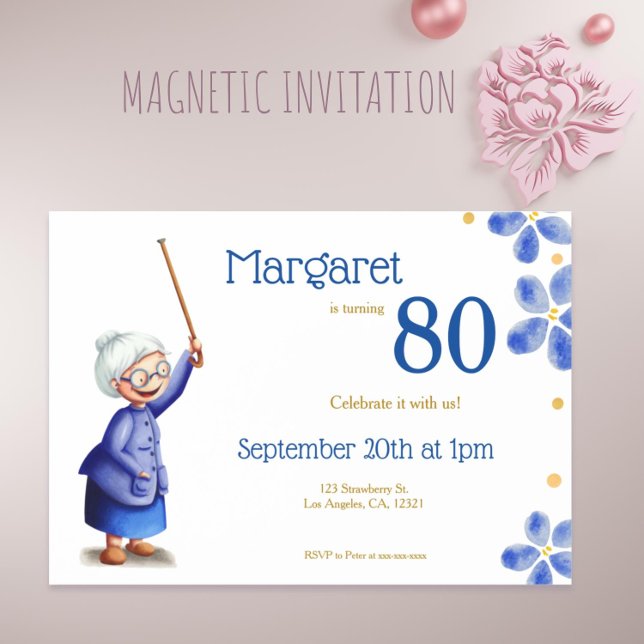 Blå Blommigt farmor med Käpp 80:e födelsedagen Magnetisk Inbjudningskort (Blue Floral Grandmother with Cane 80th Birthday Magnetic Invitation )