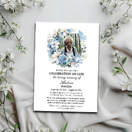 Blå Blommigt Firande i Life 1 fotobegravning Inbjudningar