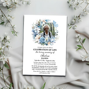 Blå Blommigt Firande i Life 1 fotobegravning Inbjudningar